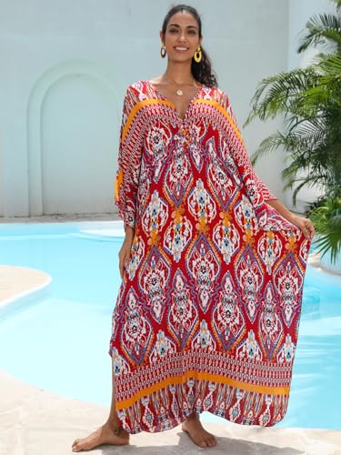 Image of IMAGEKOPE Women's Plus Size Animal Print V-Neck Batwing Kaftan Beach Dress Bathing Suit Cover-Up Loungewear