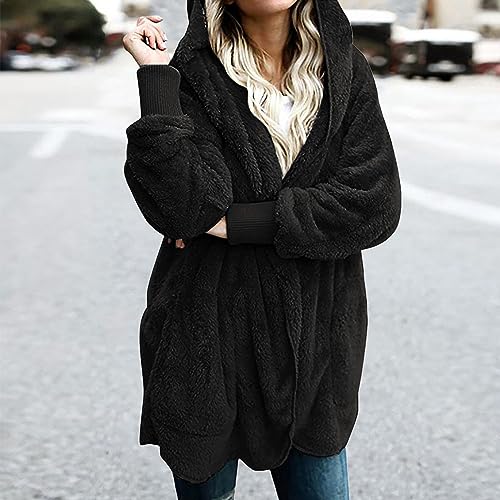 Fuzzy Fleece Coat For Women Plus Size Open Front Long Sleeve Hooded Sherpa Cardigan Jackets Warm Winter Fluffy Outwear2