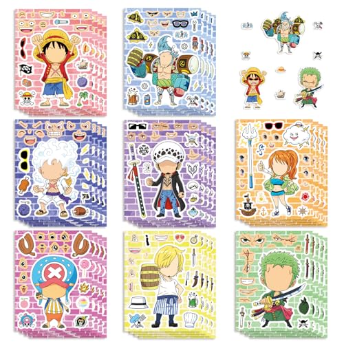 24Sheets One Piece Make-a-face Stickers Pack Mixed & Matched with 8 Designed Characters(3 of Each) Make Your Own Stickers for Teens Party Decoration Reward Decor Gift Idea (Onepiece)