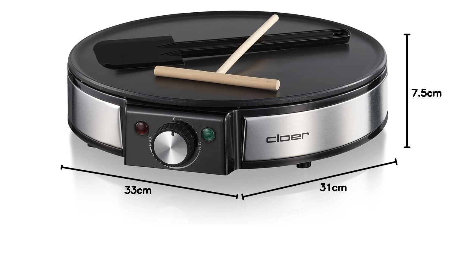Cloer 6630 Naleśnikarka na słodkie lub słone naleśniki o średnicy 30 cm Ø, 1200 W, Powłoka nieprzywierająca, w zestawie Crêpes Turner i Rozrzutnik ciasta, czarny