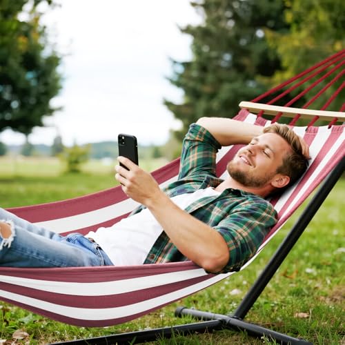 Image of MOSFiATA Hammocks Portable Camping Hammock Upgraded 550lb Thickened Fabric Single Hammocks with Two Anti Roll Balance Beam and Tree Straps for Camping, Patio, Backyard, Outdoor(Red White)