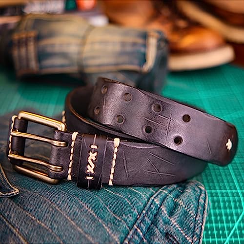 Men's Work Belt - Heavy Duty Genuine Full Grain Leather Vintage Distressed Double Prong Belts,2 Holes Jeans Waist Belt4