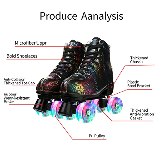 Roller Skates Classic High-top for Adult Outdoor Skating Light-Up Four-Wheel Roller Skates Shiny Roller Skates for Women (Lightning Black Flash Wheel,38)