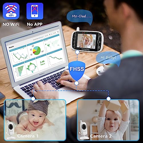 hellobaby baby monitor with 2 cameras baby monitor no wifi night vision 2-way audio remote pan amp tilt 2x zoom eco mode 8 lullabies sound activated screen