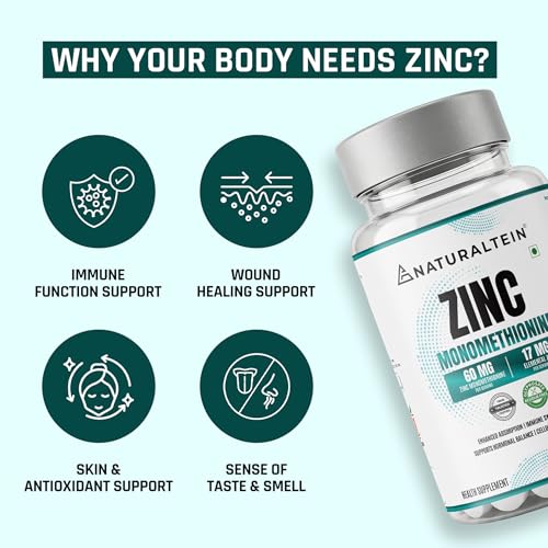 Image of Naturaltein Zinc Monomethionine 60 mg | 17 mg Elemental Zinc per Tablet | Supports Immune Health, Antioxidant Protection & Skin Wellness | 30 Count