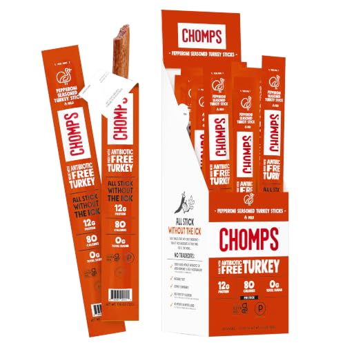 Image of Chomps Pepperoni Turkey Jerky Meat Snack Sticks 24-Pack - Keto, Paleo, Low Carb, Whole30 Approved, 12g Lean Meat Protein, Gluten Free, Antibiotic Free, Zero Sugar Food