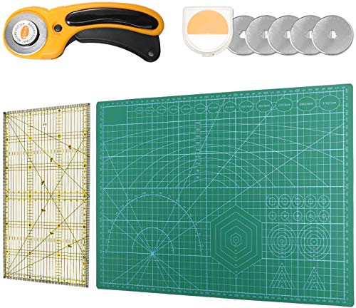 Rotary Cutter Set, Ahsado A3 Self Healing Cutting Mat Set with 45mm Fabric Cutter and 5 Replacement Blades- Ideal for Crafting, Sewing, Patchworking, Crochet & Knitting