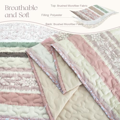 Exclusivo Mezcla Reversible Boho Quilt Set King Size, 3 Pieces Bohemian Pink All Season Bedspreads, Ultra Soft Floral Coverlet Bedding Set with Printed Pattern (1 Quilt, 2 Pillow Shams)