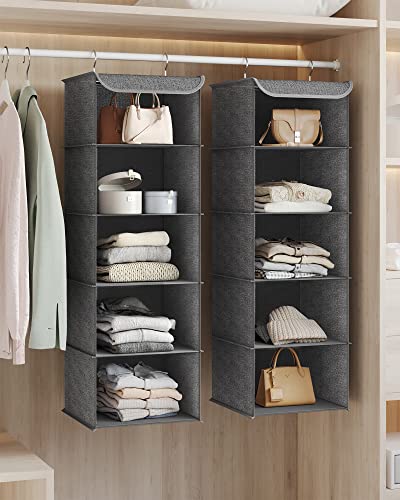 SONGMICS Hängeorganizer, 2er Set, Schrank-Organizer, Hängeregal, Hängeaufbewahrung, faltbar und platzsparend, Metallhaken und Bambus-Einsätze, leinenartige Textur, grau RCH005G02