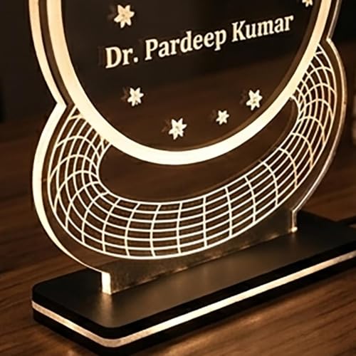 Image of Acrylic Laser Engraved Table Sign Stand For Doctor, For Dentist, For Advocate, For Lawyers, For Teacher, For Office, Acrylic LED Name Plate Signage 6 x 7 inch (Round Name Plate)
