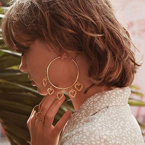 Doubnine Heart Hoops Dangle Earrings Circle Geometric Drop Silver Gold Statement Earrings for Women Fashion (Gold)