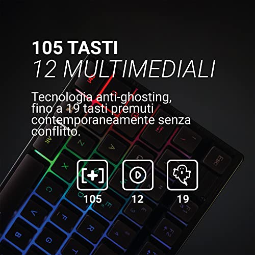 Shield Tastiera Gaming a Membrana Cablata USB, 105 Tasti, Retroilluminazione Arcobaleno, 19 Tasti Anti-Ghosting, Layout Italia, PC/Computer - Tastiera gaming - Immagine 3