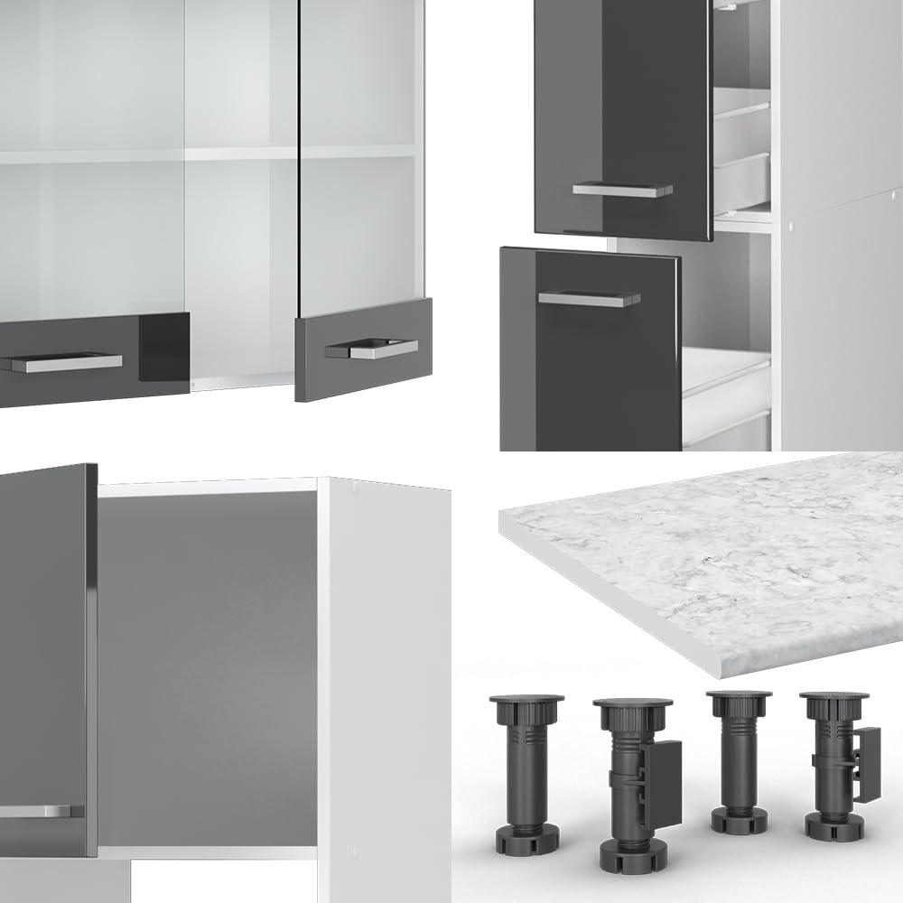 Vicco Cucina componibile R-Line, Antracite lucido/bianco, 350 cm con armadio alto, senza piano di lavoro, adatto per disposizione e ampliamento personalizzati