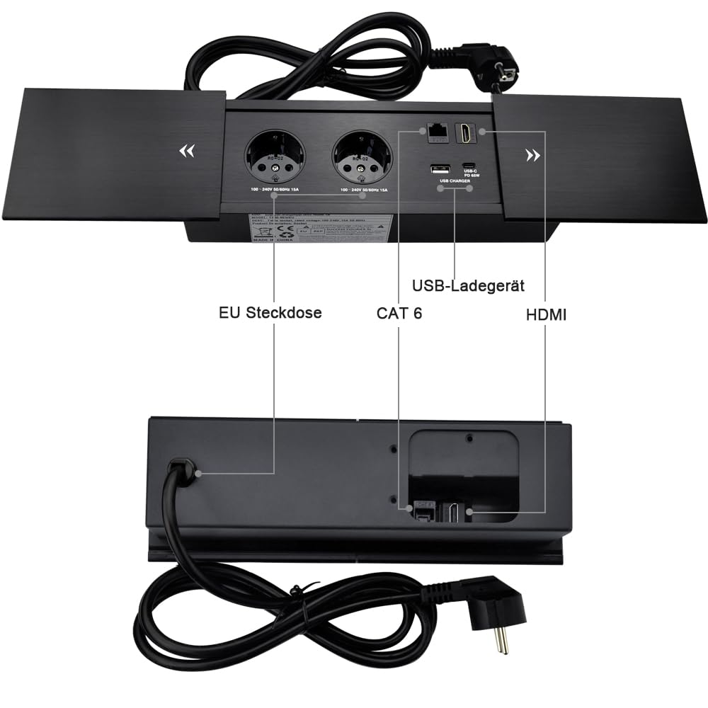 Versenkbare Steckdose mit USB c 65W Konnektivität Box Konferenztisch Power Box mit 2 Steckdosen+ 1 USB-A+C 65W Ladegerät+1 CAT6+ 1 HDMI/USB-C Daten(Schwarz) (Sliding)