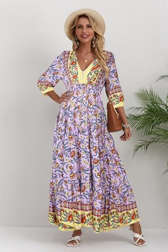 Image of Women Short Sleeve V Neck Floral Print Casual Bohemian Maxi Dresses