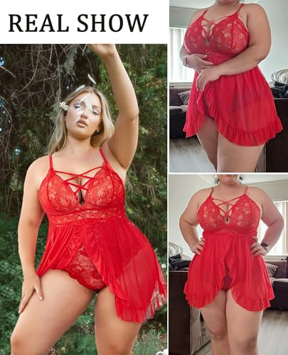 Image of SSoShHub Women's Plus Size Lingerie Beautiful Babydoll Snap Crotch Lace Chemise Ruffles Nightwear Bodysuit with Babydoll