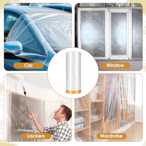 Image of 6 Rolls 60 In x 65 Ft Painters Plastic With Tape, Pre-Taped Masking Film, Tape and Drape, Paint Adhesive Protective Film Roll for Automotive Painting Covering, Automotive Best Masking Tape Painting