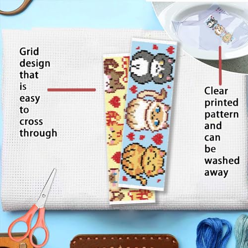 Image of FREEBLOSS 6 Set Cross Stitch Bookmark Kit 11 CT Stamped Cross Stitch Kit DIY Embroidery Bookmark Kits for Adult Beginners with Instructions, Little Cartoon Cat, 6 x 20 cm /8 inch x 2.4 inch