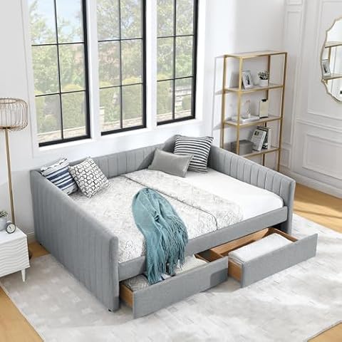SLEERWAY Daybed with Two Drawers, Modern Linen Queen Size Day Bed Frame with Storage, Upholstered Sofa Bed with Stripes, Furniture for Bedroom Living Room Guest Room, No Box Spring Needed, Grey Cover