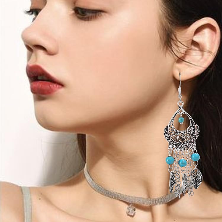 6 Pairs Bohemian Turquoise Dangle Earrings for Women Antique Silver Teardrop Tassel Long Earrings Boho Vintage Jewelry Set - Image 5