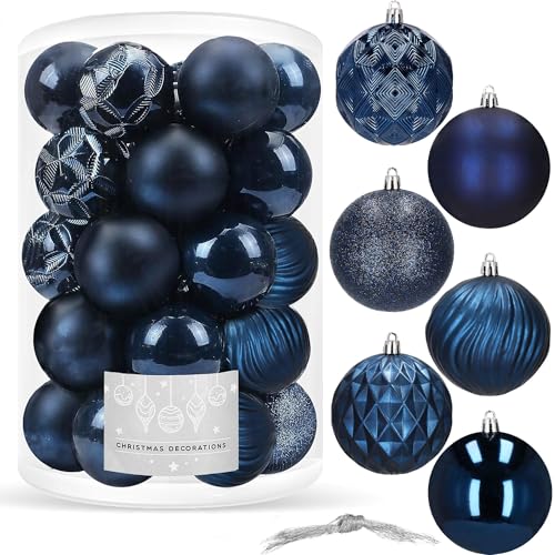 Weihnachtskugeln Blau 30 Stück Set 9 cm Bruchsicher aus Kunststoff Matt Glitzer Glänzend Disco Spiral Design Christbaumkugeln Blau Weihnachtsbaumkugeln Dekoration mit Aufhängefäden SPRINGOS