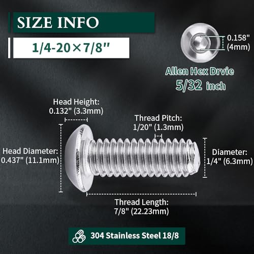Image of 1 /4-20 x 7 /8 inch Button Head Socket Cap Bolts Screws, 304 Stainless Steel 18-8, Allen Hex Drive, Bright Finish, Fully Machine Thread, Pack of 25