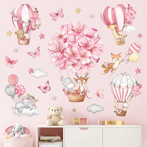 decalmile Pink Hot Air Balloon Animal Wall Decals Flowers Balloons Elephant Deer Fox Wall Stickers Girls Room Baby Nursery Kids Bedroom Wall Decor - Image 2