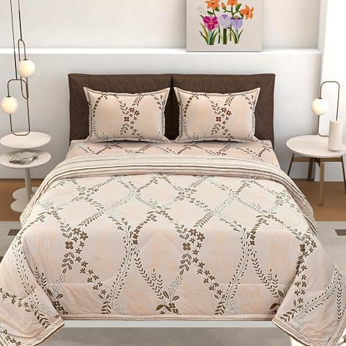 Image of Florida Peach Floral Polycotton Double Bed AC Comforter with 1 Bedsheet & 2 Pillow Covers | Ultra Soft Reversible 4 Pc Bedding Set