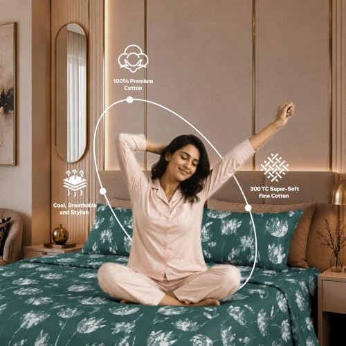Image of Jaipur Weaves Cotton King Size Bedsheet 108x108 Super King, 100% Pure Cotton Bed Sheet with 2 Pillow Covers, 300 TC Soft Breathable Floral Design Bedding (Green Tulips, Super King)