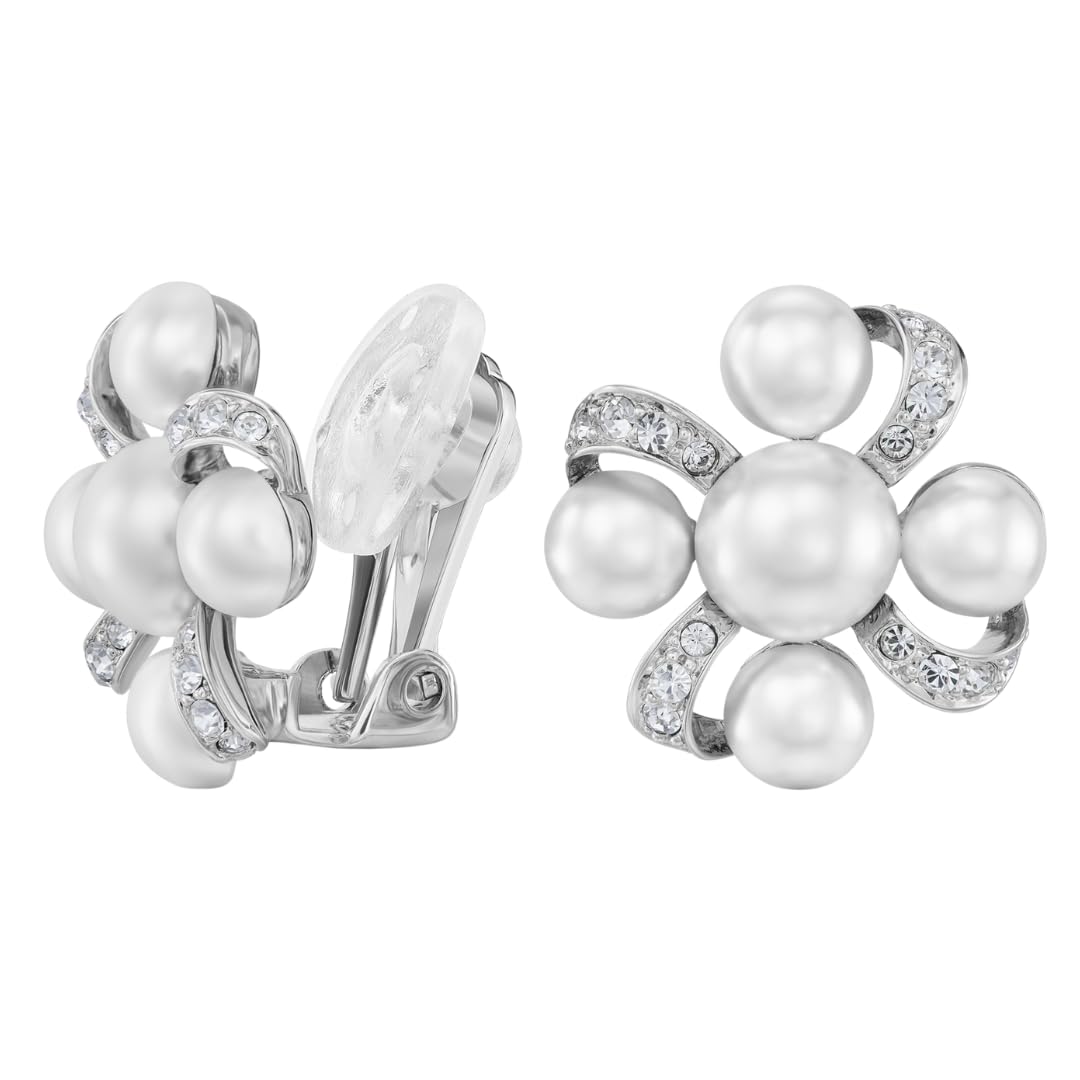 Traveller Ohrclips - Damen - Silberfarben - Perle - Ø 8 & 6mm - Weiß - Kristalle - Platiniert - 20x20mm - 114360