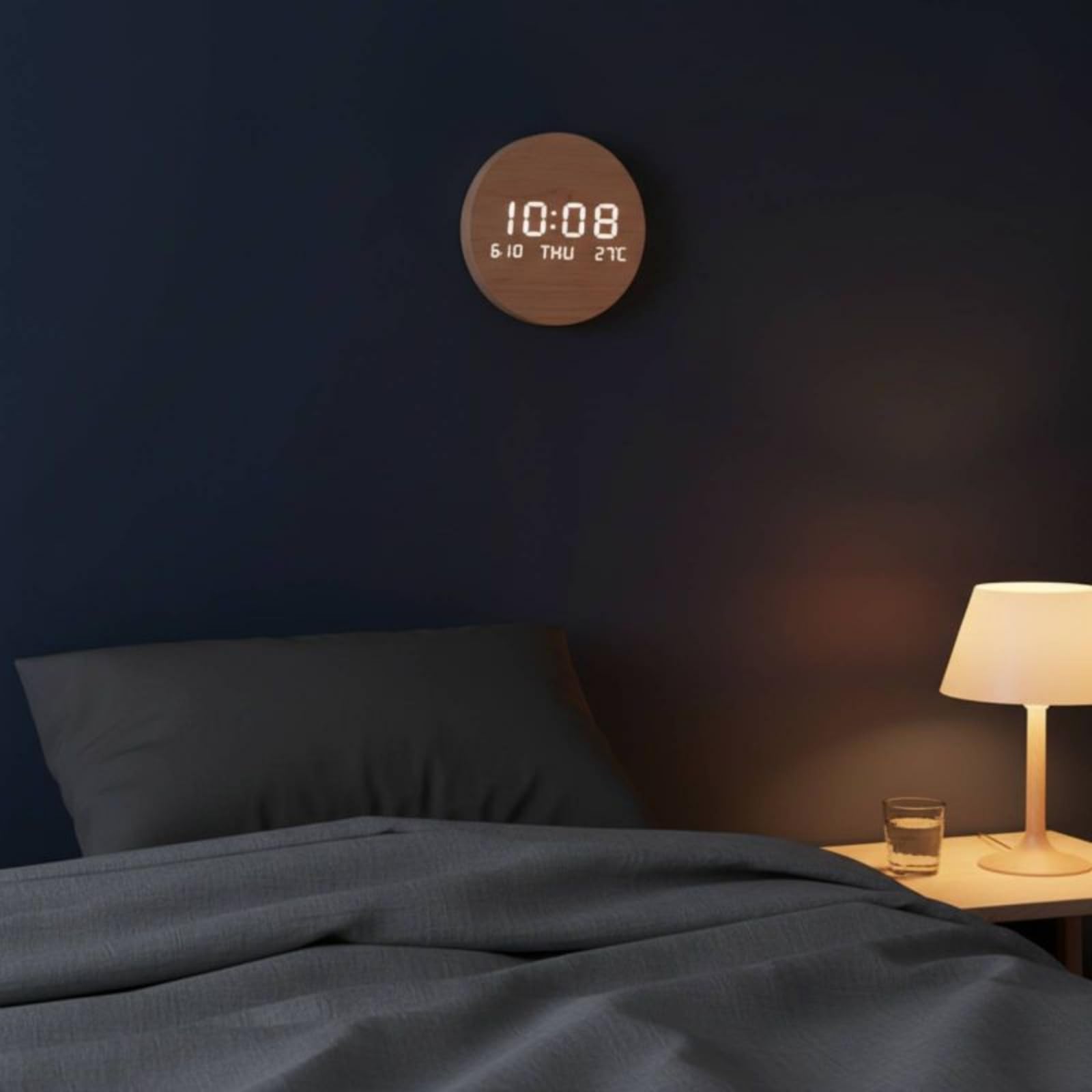 LOVIVER Reloj de Pared Eléctrico Digital Reloj LED Reloj Redondo Reloj Decorativo Moderno con Dígitos Día y Temperatura Visibles Luz Suave por la Noche, Wood