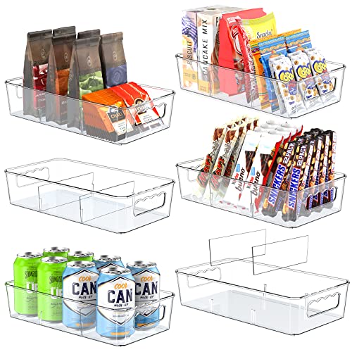 cheap kitchen organization ideas 6 Pack Food Storage Organizer Bins, Clear Pantry Organization and Storage Bins with Removable Dividers, Plastic Pantry Organizer Refrigerator Organizer Bins for Kitchen, Cabinet, Snacks, Teabags