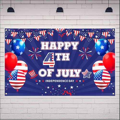 Image of Happy 4TH of July Backdrop, Independence Day Party Banner, Fourth of July Memorial Day Decoration, Veterans Day Party Decor, with 32FT Rope, Red Blue White Props for Photos 5.9x3.6ft Large Flag