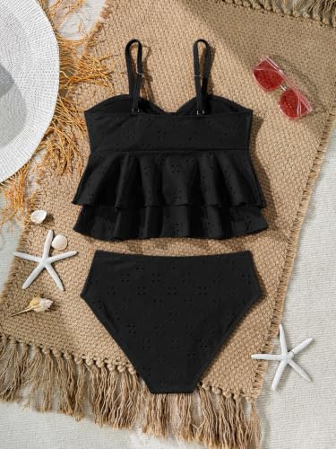 Image of SHENHE Girl's 2 Piece Tankini Swimsuit Ruffle Flounce Bathing Suit Eyelet Embroidery Swimwear