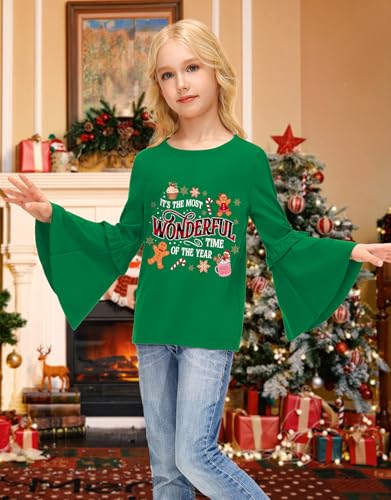 Image of BesserBay Girls Christmas Long Bell Sleeve Ruffle Tunic Top 4-12 Years