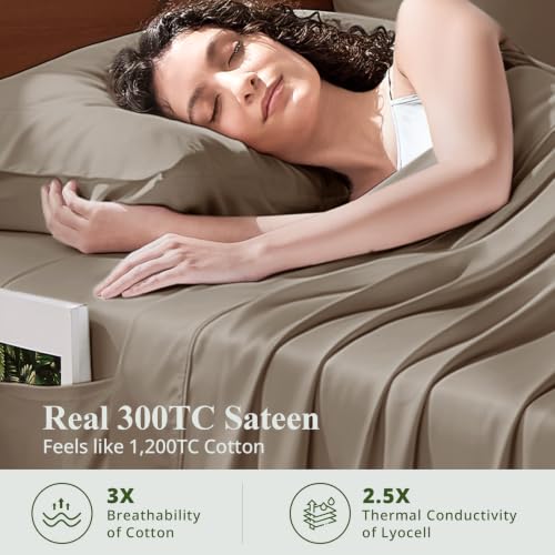 Image of Full Size Sheet Set, Viscose Bamboo Sheets for Bed Set 4pcs, 100% Viscose Derived from Bamboo, Hotel Luxury Silky & Cooling for Hot Sleepers, Deep Pocket Up to 17 inch, Taupe