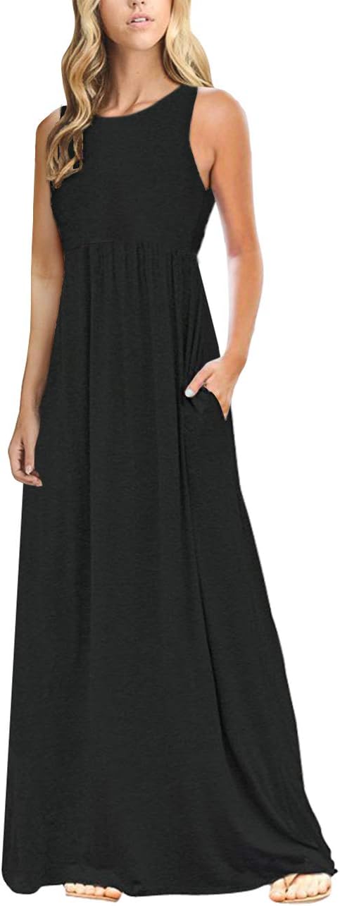 Women's Summer Striped Sleeveless Crew Neck Long Maxi Dress Dress with Pockets