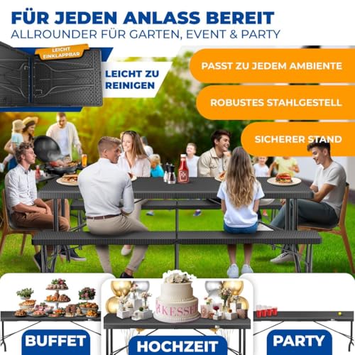 KESSER® Buffettisch Tisch klappbar Kunststoff 183x76cm Rattan Optik Campingtisch Partytisch Klapptisch Gartentisch 6 Personen Garten Terrasse & Balkon zusammenklappbar inkl. Tragegriff Anthrazit