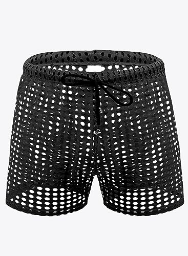 MIZOK Men's Hollow Openwork Short Sexy Fishnet See Through Boxer Shorts Lounge Swim Cover Black M4