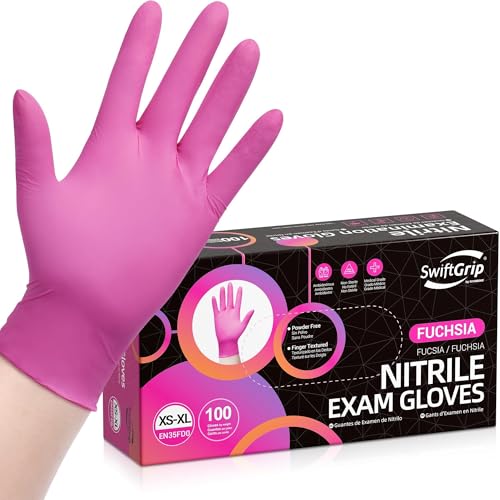 SwiftGrip Powder-Free Nitrile Gloves, Medium, 100ct Box - 3-mil, Disposable, Latex-Free, for Kitchen, Cleaning, Estheticians, Hair Stylist - Pink/Fuchsia