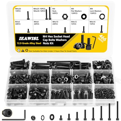 466 Pezzi M4 Viti a Testa Cilindrica In Acciaio Legato con Chiave Esagonale, Bulloni e Rondelle, Kit da Bici Meccanico, Viti a Filettatura Esagonale - M4*6/8/10/12/16/20/25/30mm