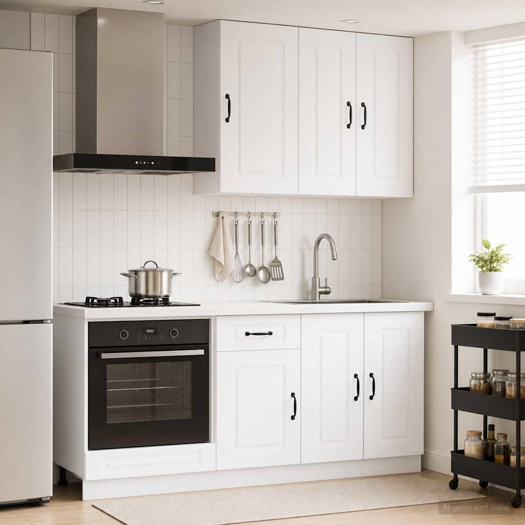 Kalmar - Comodino da cucina in legno bianco, 5 pezzi, con armadietti inferiori da 40 e 60 cm, supporto da parete, portaoggetti con cassetto e porta, per cucina e sala da pranzo