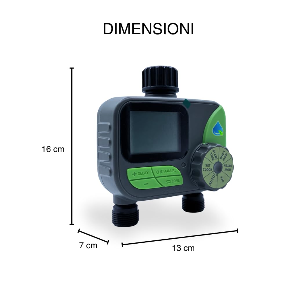 acquaverde HydroSmart 2S | Centralina Irrigazione Automatica Digitale a Batteria, Timer Programmatore Acqua da Rubinetto 2 Stazioni per Orto e Giardino, Attacco 1/2”-3/4”, IP54