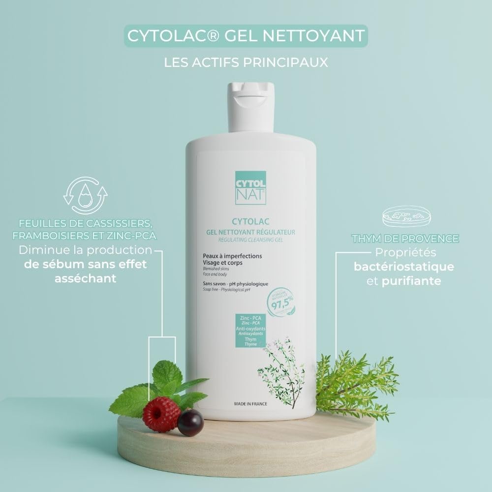 CYTOLNAT - Cytolac Gel Nettoyant - Nettoie en Douceur et Régule l’Excès de Sébum - Sans Savon - Peaux Sensibles, Mixtes à Grasses - Visage et Corps - Formule Naturelle - 250 ml