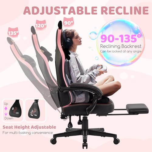 Image of Gaming Chair with Footrest, Comfy Girly Video Game Chairs with Cat Ears Pocket Spring Cushion Massage Lumbar Support & Headrest, Ringing Accessories Cute Leather Ergonomic Computer Chair, Black /Pink