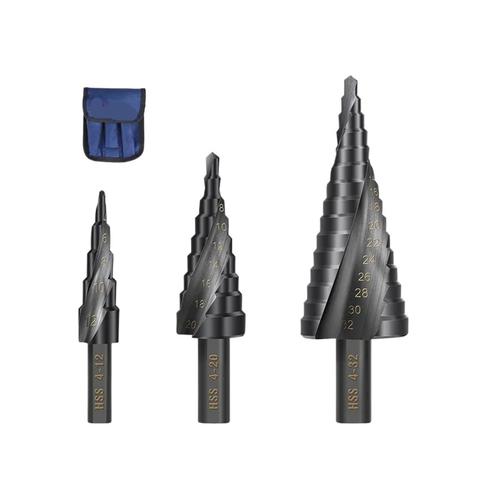 Juego de brocas escalonadas cono HSS cobalto for trabajos perforación | Herramientas multiusos for agujeros de perforación de 4-12/4-20/4-32/6-30 mm(3pcs Set with bag)