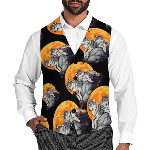 Wolf Moon Men's Suit Vests Business Formal Dress Vest V-Neck Waistcoat for Wedding Casual