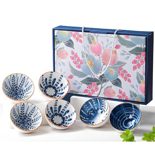 iDourer Rice Bowls 10oz, Japanese Style Bowls Set of 6 with Gift Box - Blue and White Ceramic Bowls for Soup, Dessert, Ice Cream, Snack - Kitchen Gifts for Women Christmas Gift