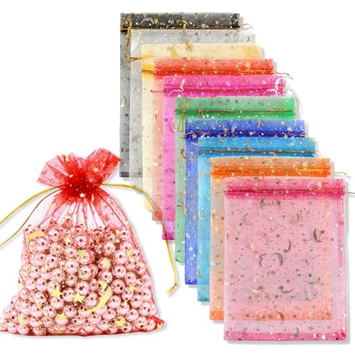 100 Piezas Bolsitas de Organza, Bolsitas de Regalo de 10x15 cm con Estampado de Lunas y Estrellas, Sáculos Multicolores para Joyería, Bodas y Fiestas