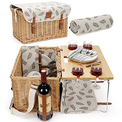 WILLOW WEAVE Cesta de piquenique com mesa, conjunto de cesta de piquenique de vinho, 4, cesta de...